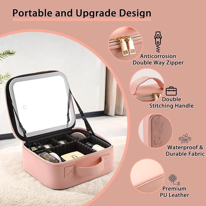 Makeup Bag with Led Mirror, Travel Makeup Organizer with 3 Color Setting & - Image 3