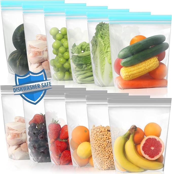 Lerine 12 Pack Reusable Gallon Freezer Bags Dishwasher Microwave Safe, Stand Up by Lerine