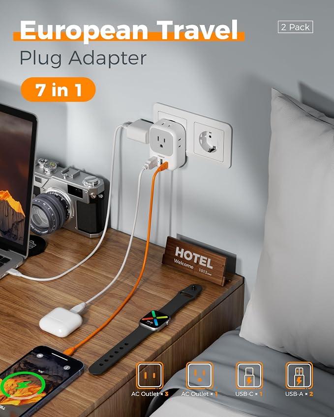 2 Pack European Plug Adapter USB C, TESSAN US to Europe Adapter 4 Outlets 3 USB - Image 3