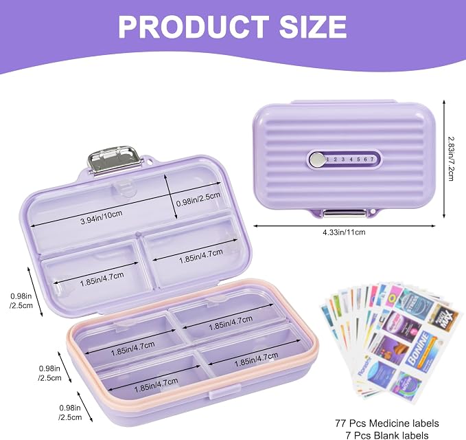 Travel Pill Organizer Box with Medicine Labels, 7 Compartments Portable Pill - Image 2