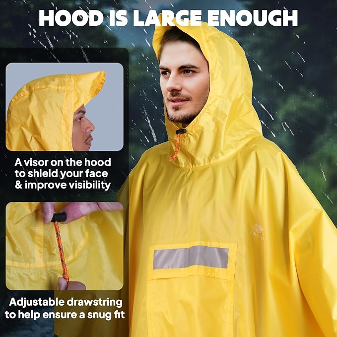 ANYOO Hooded Rain Poncho for Adults Waterproof Lightweight Rain Coat for Men - Image 4