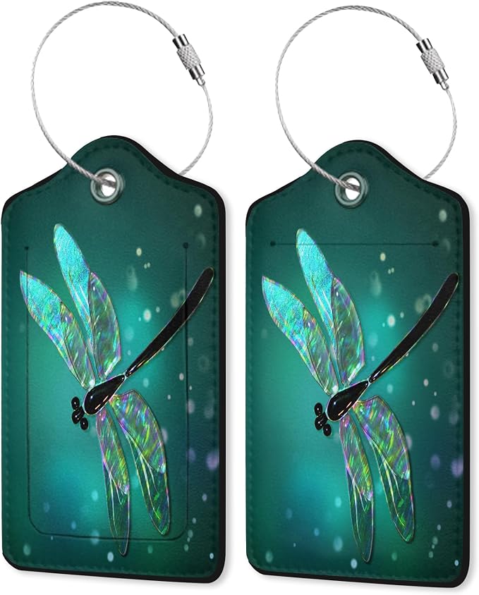 2 Pack Luggage Tag for Suitcase, Dragonfly Leather Suitcase Tags Identifiers by Elightvap