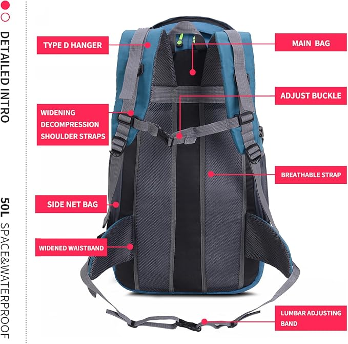 Bseash 50L Hiking Backpack, Water Resistant Lightweight Outdoor Sport Daypack - Image 9