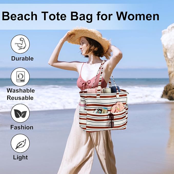 LEDAOU Large Beach Tote Bag Women Waterproof Sandproof Zipper Beach Tote Bag - Image 4