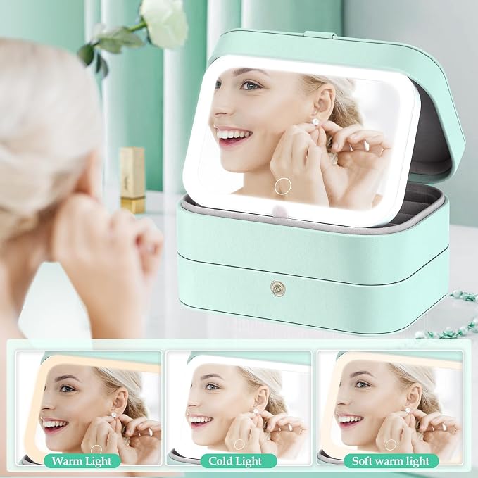 Travel Jewelry Case with LED Lighted Mirror, Personalized Birthday Gifts - Image 3