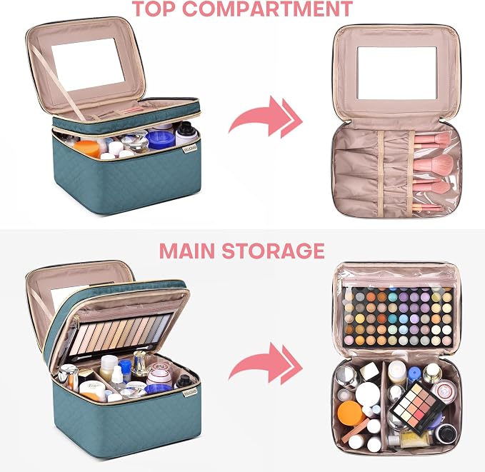 Large Makeup Bag with Mirror Double Layer Travel Make Up Organizer Case - Image 2