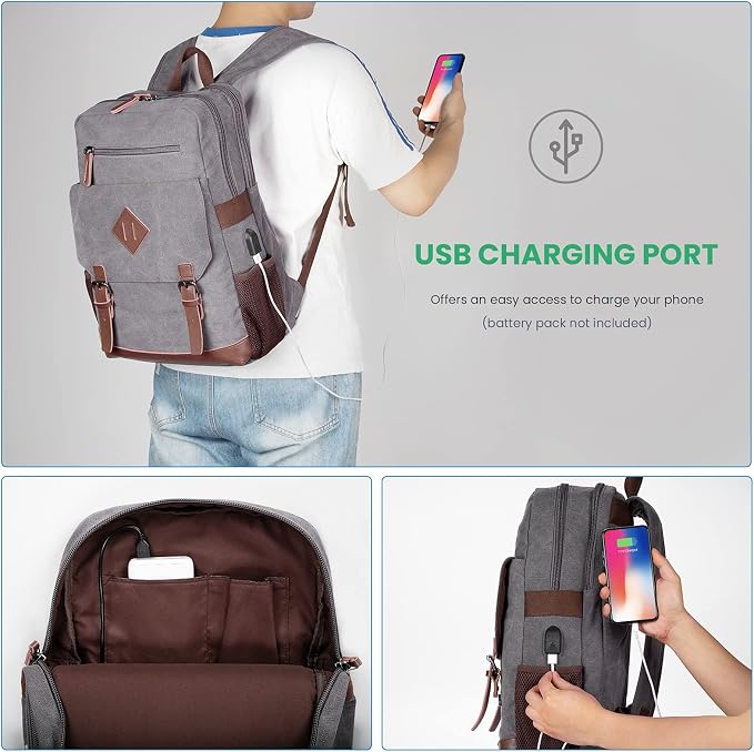 Modoker Vintage Backpack for Men Women, Canvas Bookpack Fits Most 15.6 Inches - Image 2