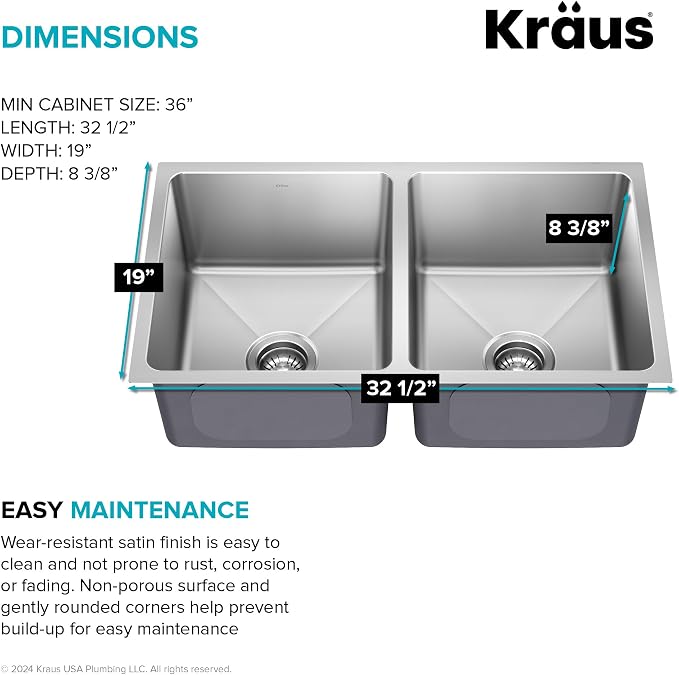 KRAUS Fairlane 33-inch Undermount Double Bowl 18-Gauge Stainless Steel Kitchen - Image 7
