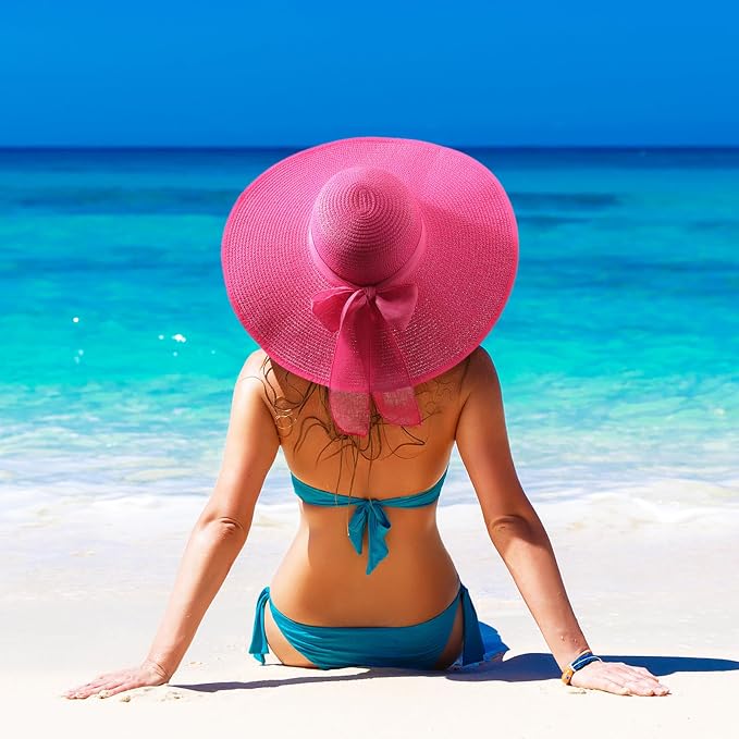 DRESHOW Beach Hats for Women Big Straw Wide Brim Summer Hat Floppy Foldable - Image 3