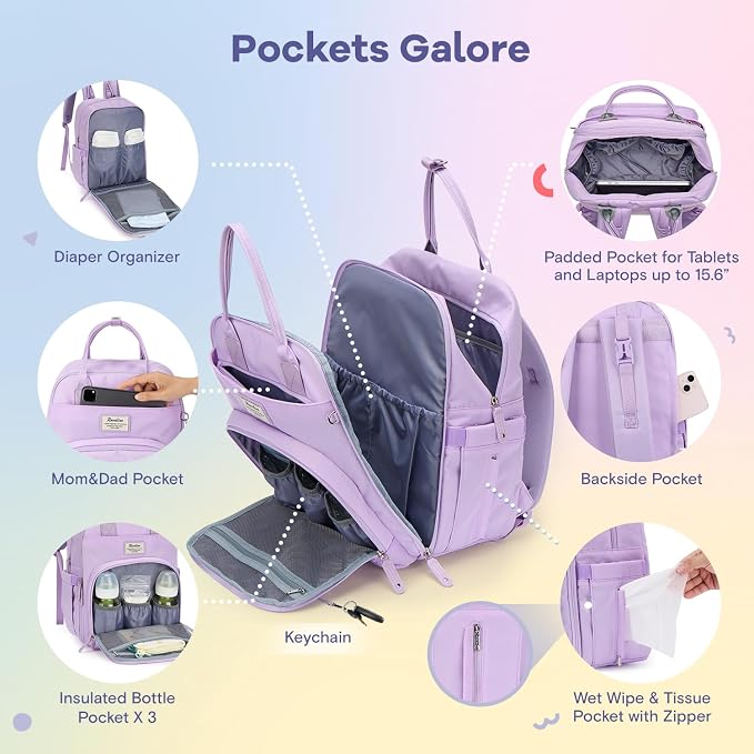 RUVALINO Diaper Bag Backpack, Large Capacity, Waterproof, Light Purple - Image 2