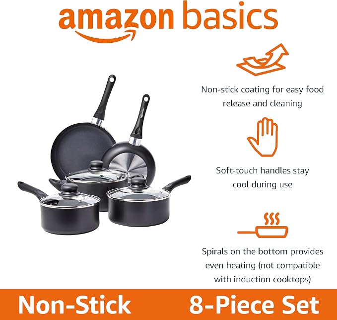 Amazon Basics Non Stick Kitchen Cookware 8-Piece Set, Non-Induction, Includes - Image 2
