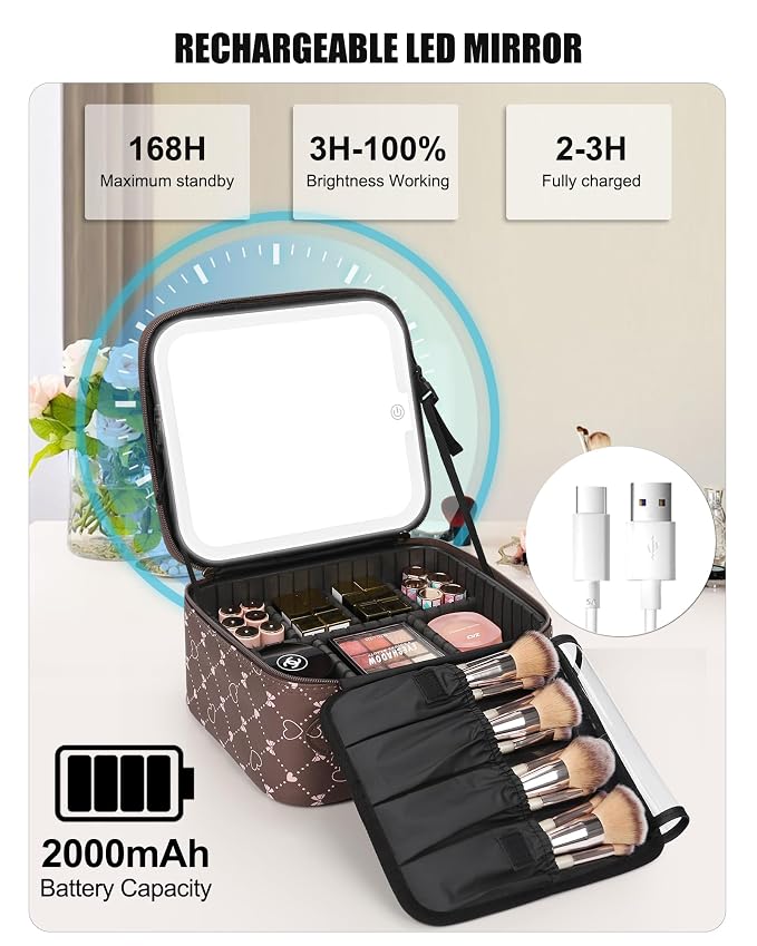 Relavel Travel Makeup Bag With LED Mirror, Portable Cosmetic Organizer Bag with - Image 7