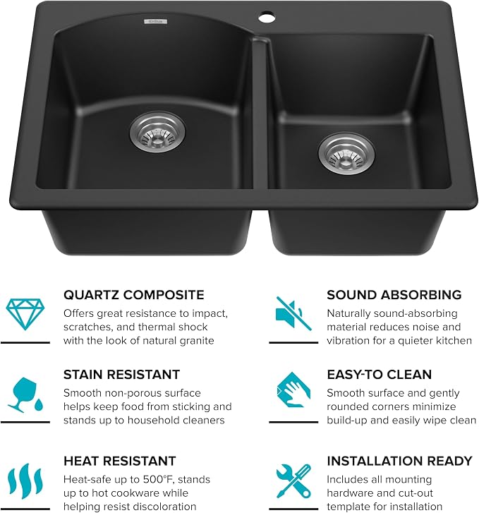 KRAUS Forteza 33-inch Drop In/Undermount 60/40 Double Bowl Granite Kitchen Sink - Image 16