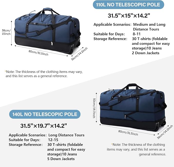 Rolling Duffle Bag with Wheels, 110L/140L Expandable Soft-Sided Foldable Duffle - Image 3