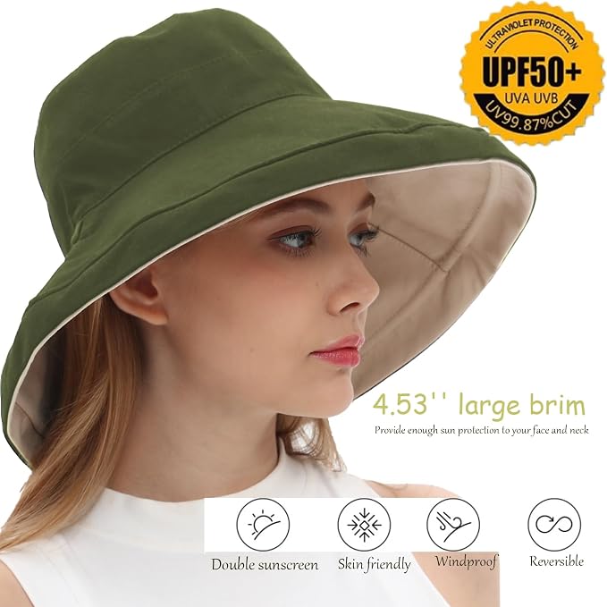 vidsel Womens Sun Hats Wide Brim Reversible Bucket Cotton Hat Packable Summer - Image 4