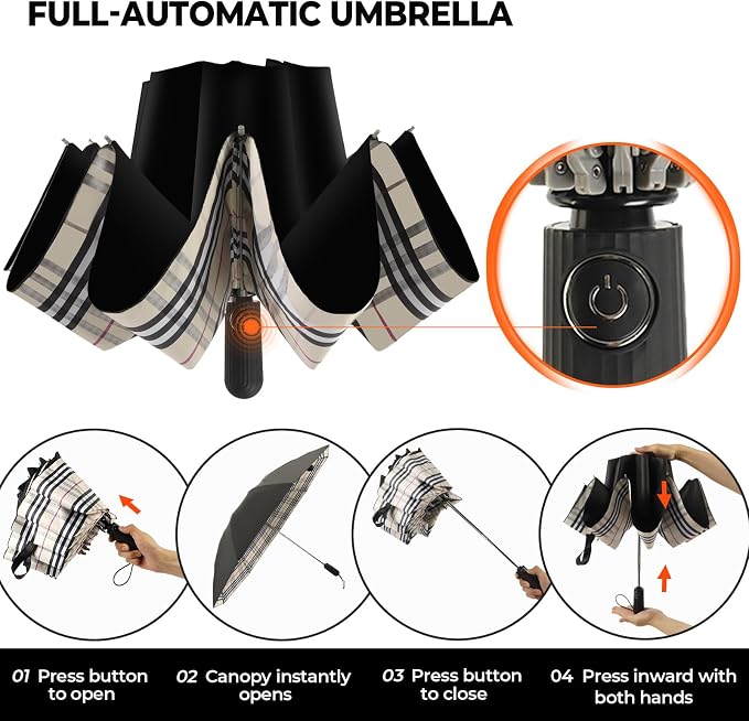 Compact Inverted Travel Umbrella, Automatic Open Close, 9-Rib 46 Inch Windproof - Image 5