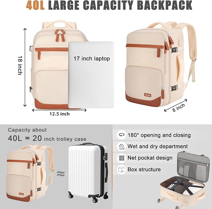 40L Travel Backpack with USB Charging Port, Water-Resistant Carry On Backpack - Image 6