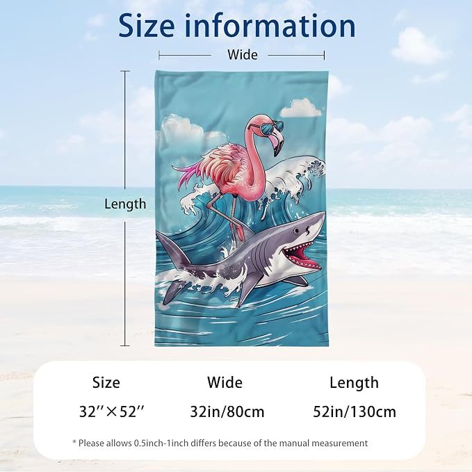 WZOMT Microfiber Flamingo Beach Towel Oversized, Funny Flamingo Riding A Shark - Image 3