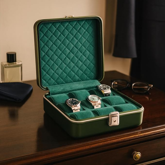 Bey-Berk Prague Aluminum Watch Case in Hunter Green – 9-Slot Locking Travel Box - Image 4