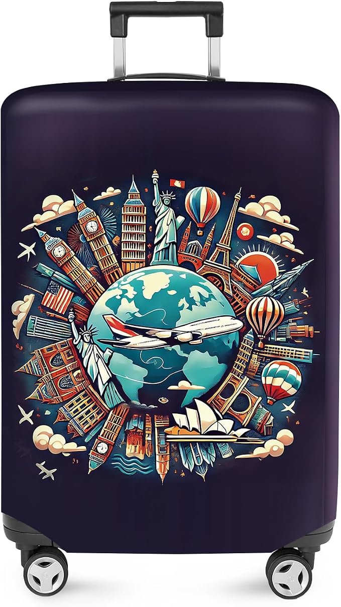 ANNA QUEEN World Landmarks Luggage Cover, Dark Travel-Themed Suitcase Protector by ANNAQUEEN