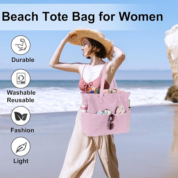 LEDAOU Large Beach Tote Bag Women Waterproof Sandproof Zipper Beach Tote Bag - Image 5