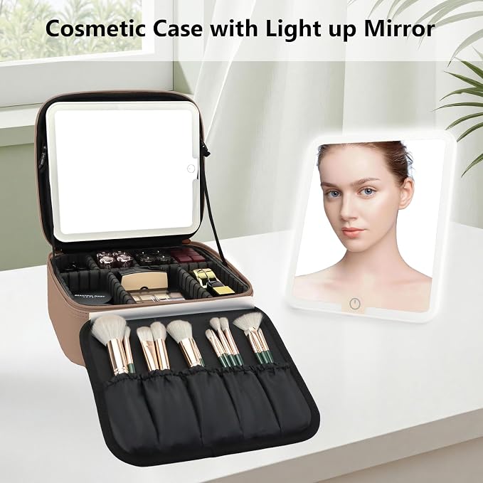 Travel Makeup Bag with LED Mirror Travel Makeup Organizer with 3 Lighted - Image 3
