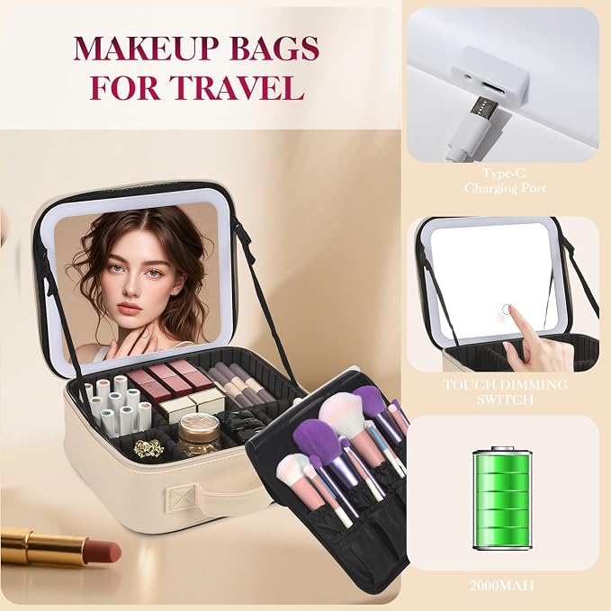 Travel Makeup Bag With LED Mirror, Makeup Travel Train Case with 3 Color Setting - Image 4