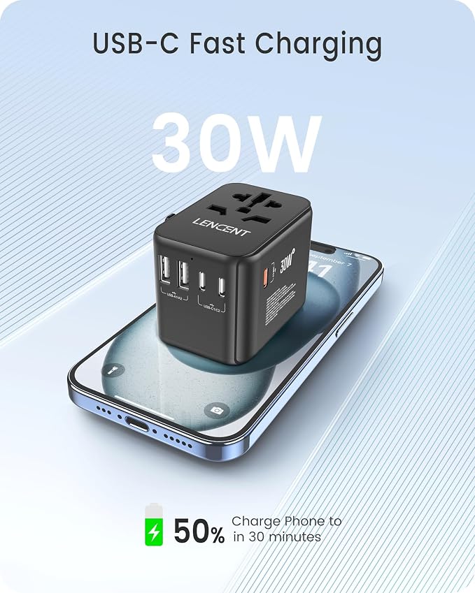 LENCENT Universal Travel Adapter, GaN III 30W International Charger - Image 3