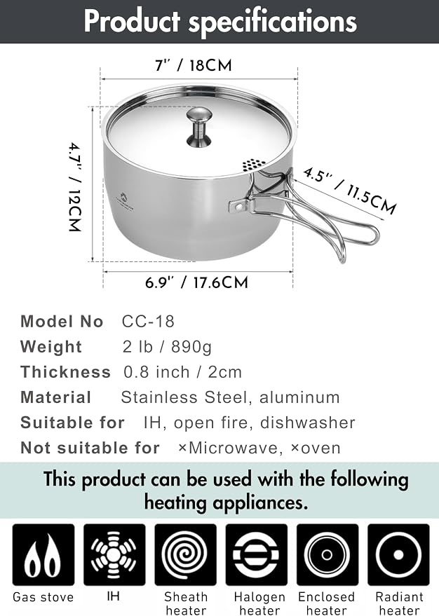 CAMPINGMOON 2 Quart Camping Saucepan 3-ply Stainless Steel Cooking Pot w/Lid - Image 6