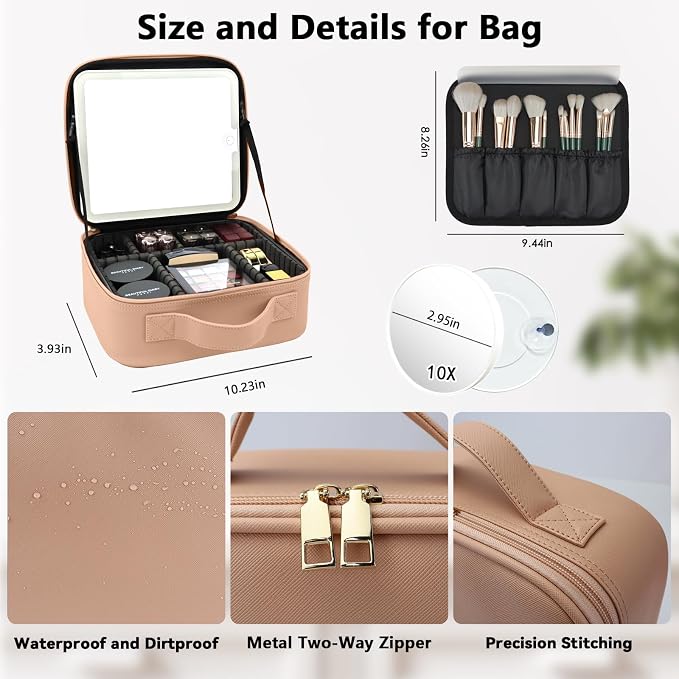 Travel Makeup Bag with LED Mirror and 10x magnifying glass with 3 Lighted - Image 5