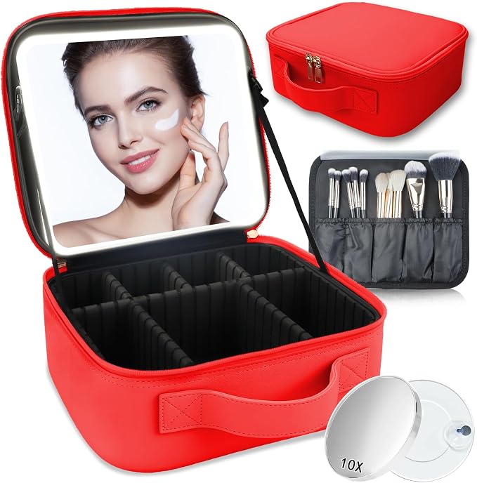 Makeup Bag with Led Mirror, Travel Makeup Organizer with 3 Color Setting & 10X by SUILU