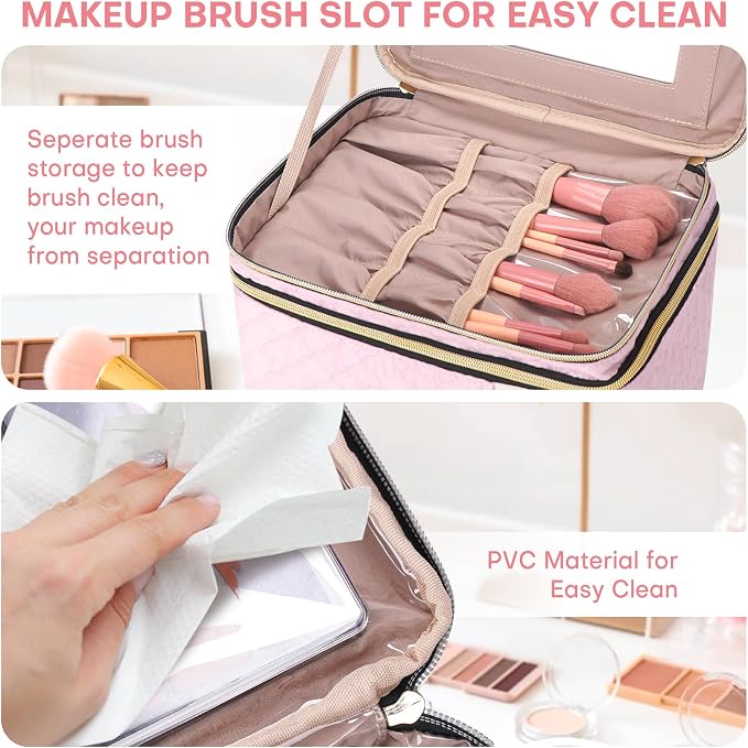 Large Makeup Bag with Mirror Double Layer Travel Make Up Organizer Case - Image 6