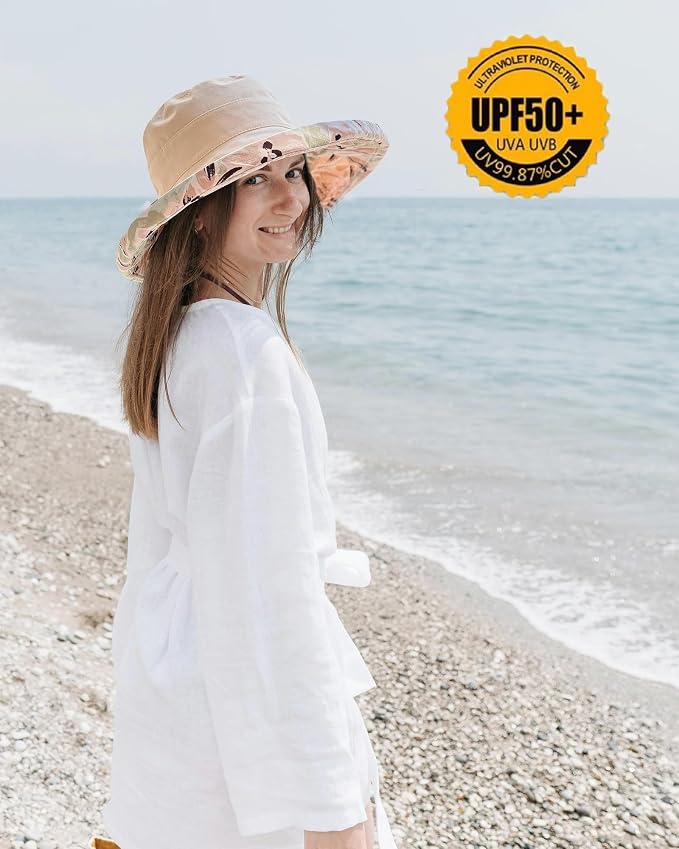 vidsel Womens Sun Hats Wide Brim Reversible Bucket Cotton Hat Packable Summer - Image 8