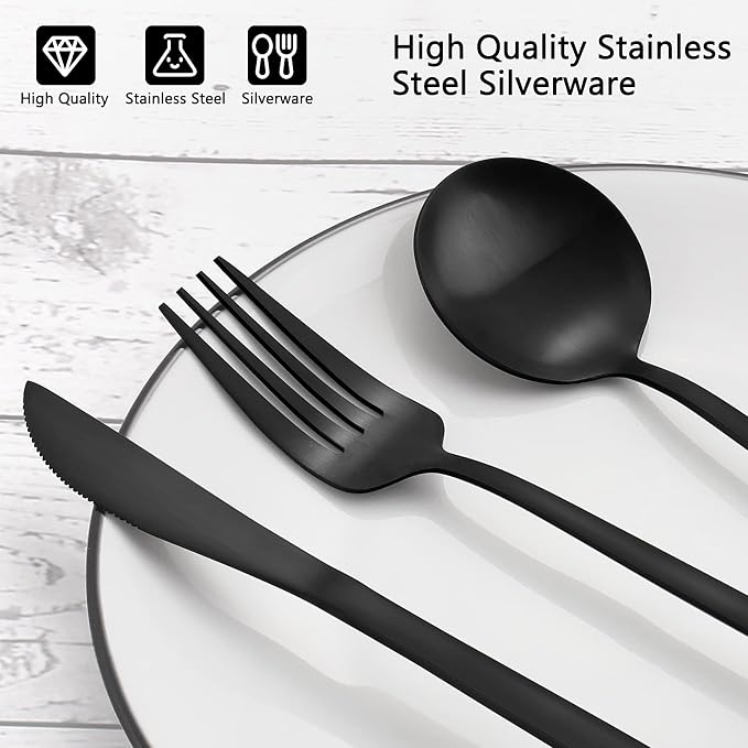 Matte Black Silverware Set, VANVRO 40-Piece Stainless Steel Flatware Set - Image 4