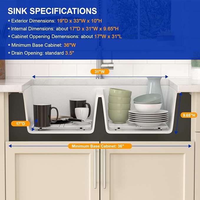 Dcolora 33 Inch Double Bowl Undermount Kitchen Sink White Deep Double Basin - Image 4