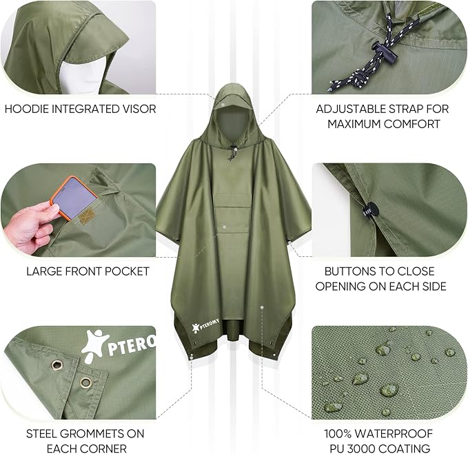 PTEROMY Hooded Rain Poncho for Adult - Image 6