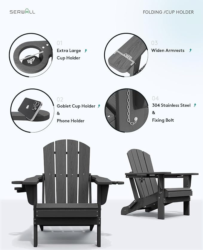 SERWALL Foldable Adirondack Chair, HDPE Adirondack Chair - Image 8