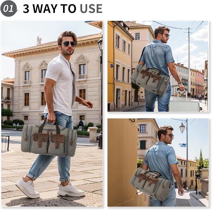 Canvas Duffle Bag with Genuine Leather Accents, Expandable 20-23 Inch Travel - Image 2