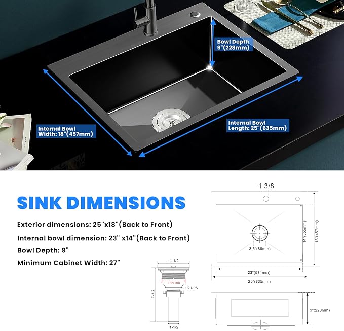 POPFLY 25 Inch Drop In Kitchen Sink, 25x18 Black Stainless Steel Top mount - Image 7