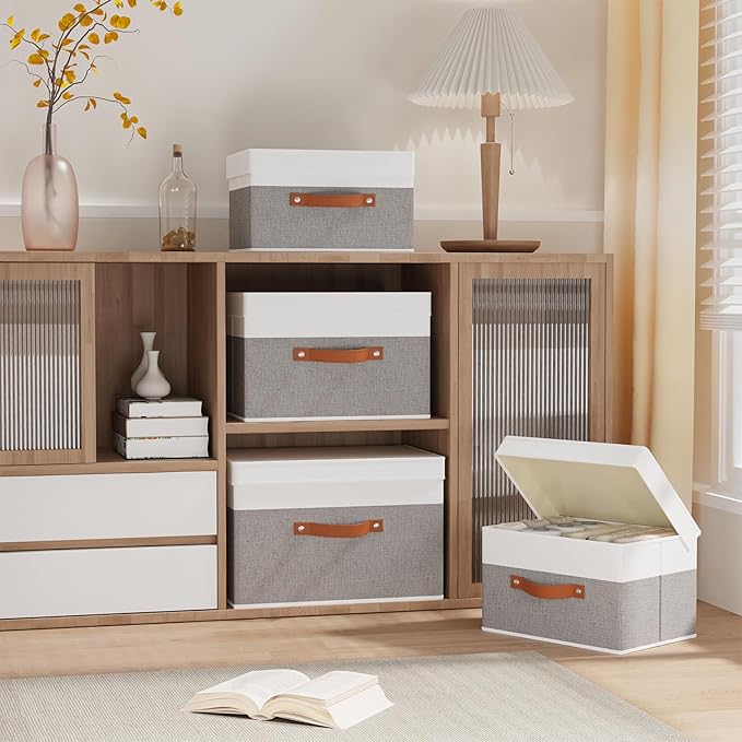 Fabric Storage Boxes with Lids, Linen Foldable Cloth Baskets, 17.7 x 11.8 x - Image 2