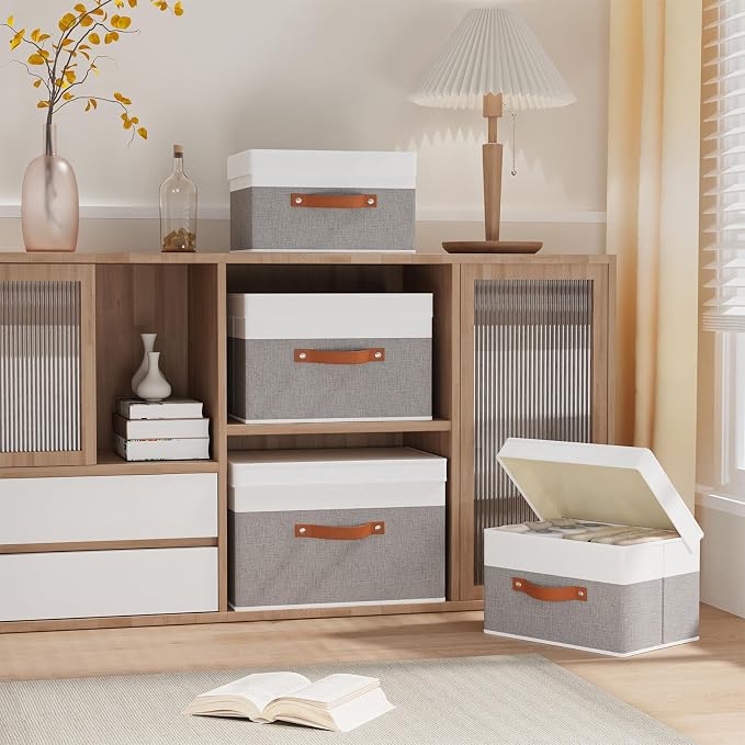 Fabric Storage Bins with Lids, 5 Pack Linen Foldable Cloth Baskets, 15 x 9.8 x - Image 2