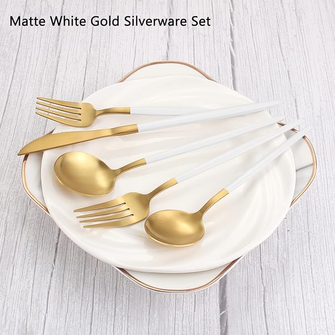 Matte White Gold Silverware Set, 40-Piece Stainless Steel Flatware Set - Image 3