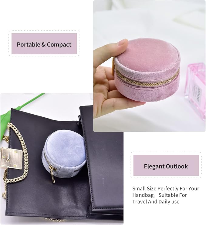 TAIMY Travel Jewelry Organizer, Small Round Velvet Travel Jewelry Case - Image 4