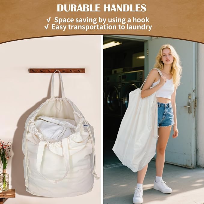 Canvas Laundry Bags with Handles & Rectangular Base, 90L Extra Large Heavy Duty - Image 4