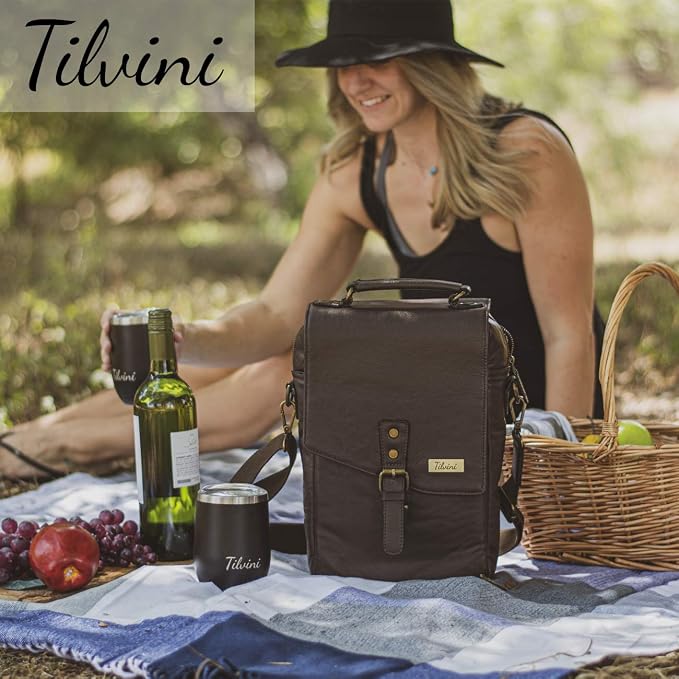 Insulated Leather Wine Bag & 2 Wine Tumblers Set. Leather Wine Bottle Carrier - Image 7