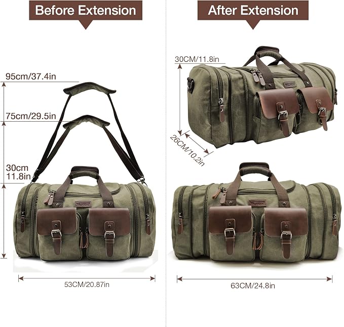 Wildroad 50L Travel Duffel Bag, Expandable Canvas Genuine Leather Duffle Bag - Image 7