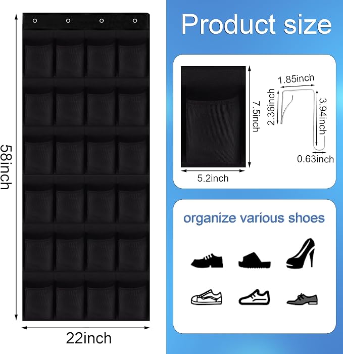 Over the Door Shoe Organizer, 24 Large Breathable Mesh Pockets, Hanging Storage - Image 2