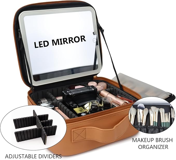 Travel Makeup Bag with LED Mirror Travel Makeup Organizer with 3 Lighted - Image 8