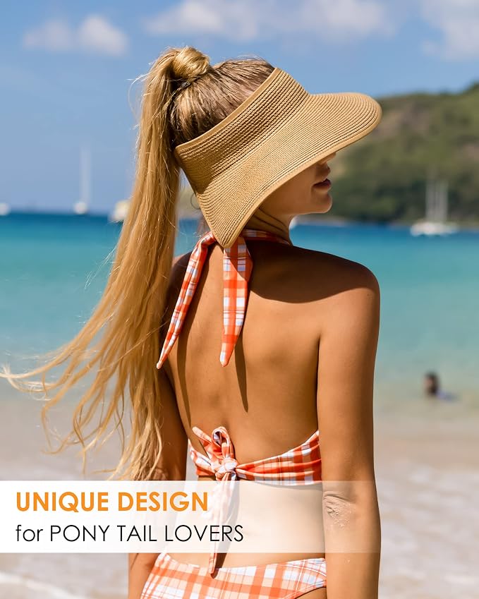 FURTALK Sun Hats for Women Wide Brim Beach Hat Straw Visor Ponytail Summer UV - Image 8