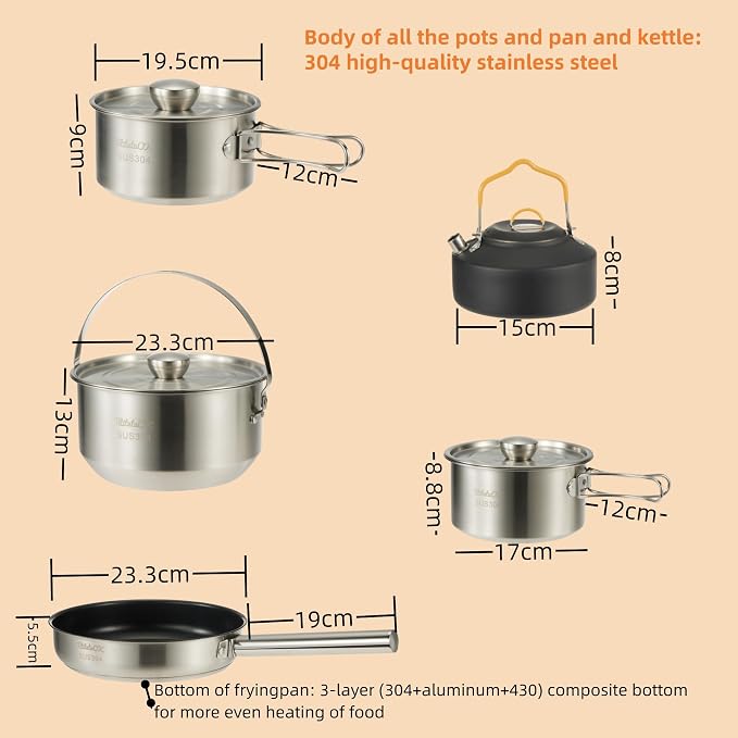 Camping Cookware Set 304 Stainless Steel 10pcs Pots & Pans, Travel Mesh Bag - Image 3